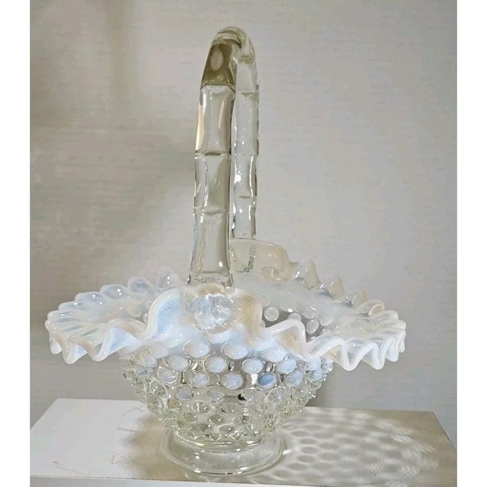 Fenton Hobnail White Opalescent Milk Glass Basket Ruffled Rim Bamboo Handle 7in